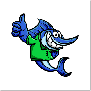 Cute Anthropomorphic Human-like Cartoon Character Swordfish in Clothes Posters and Art